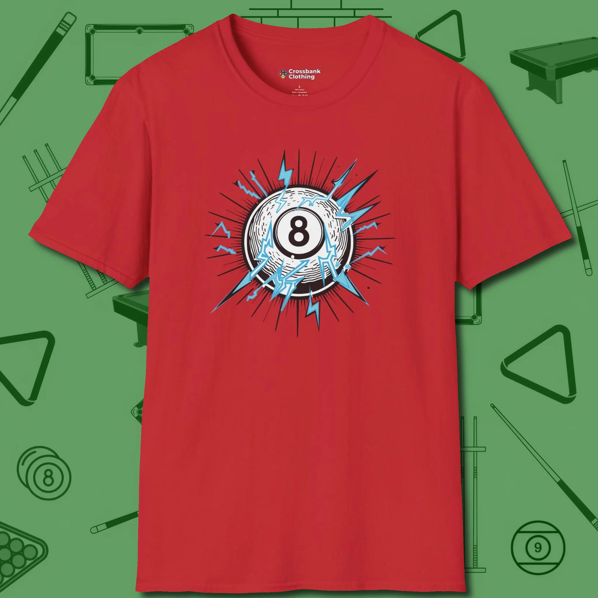 Electric Charge Eight Ball T-Shirt, front view, in Red look good while calling your pocket