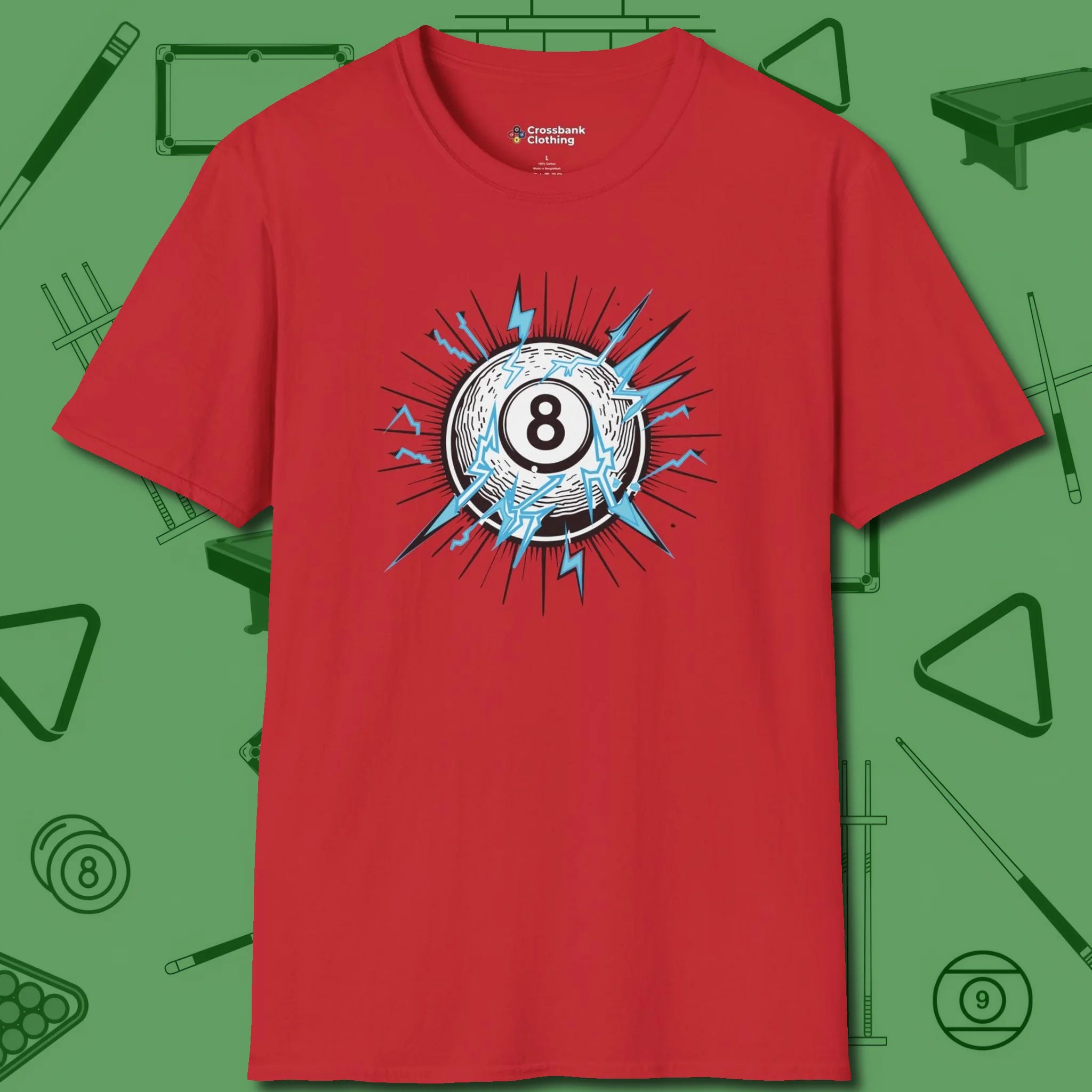 Electric Charge Eight Ball T-Shirt, front view, in Red look good while calling your pocket