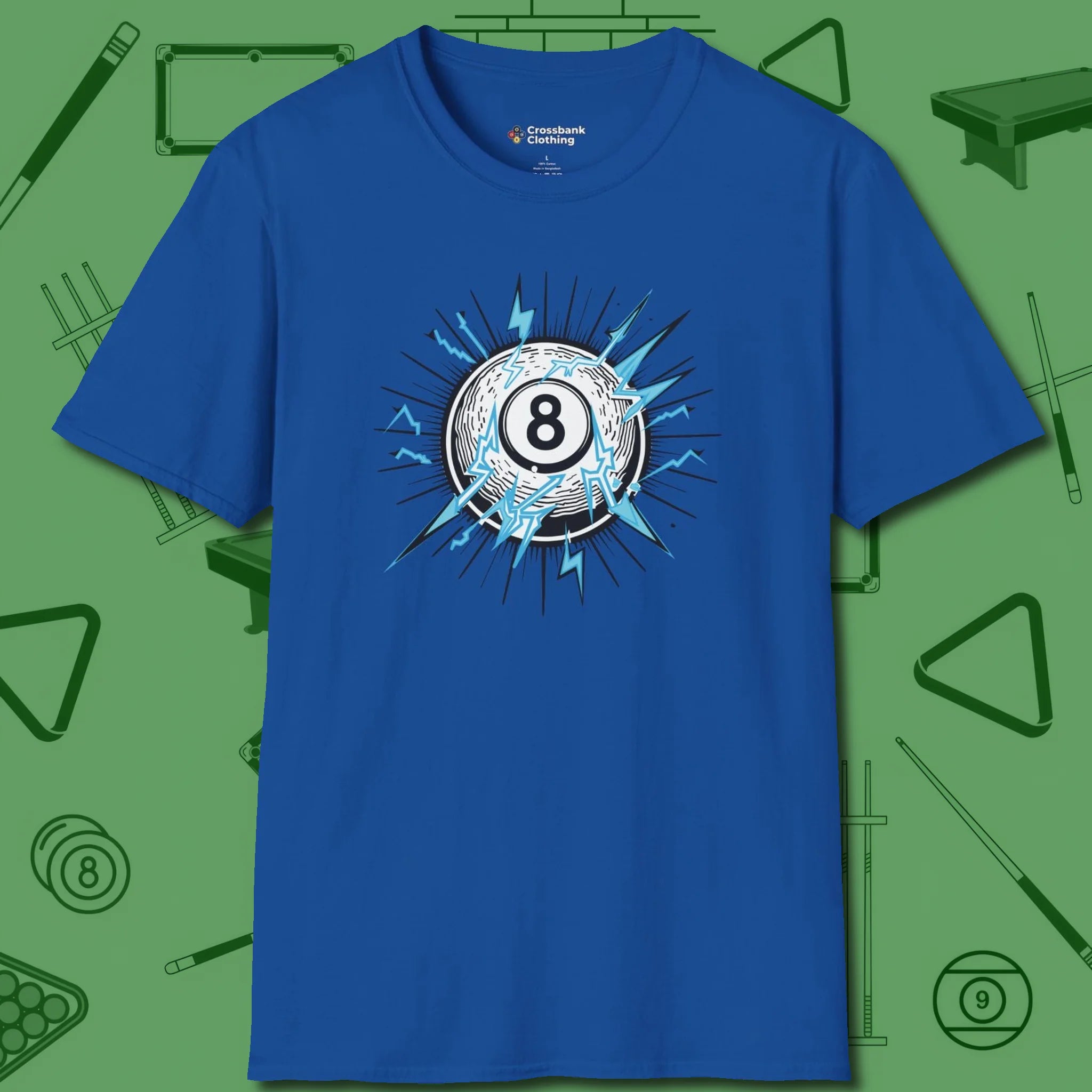 Electric Charge Eight Ball T-Shirt, front view, in Royal because the table is your battlefield