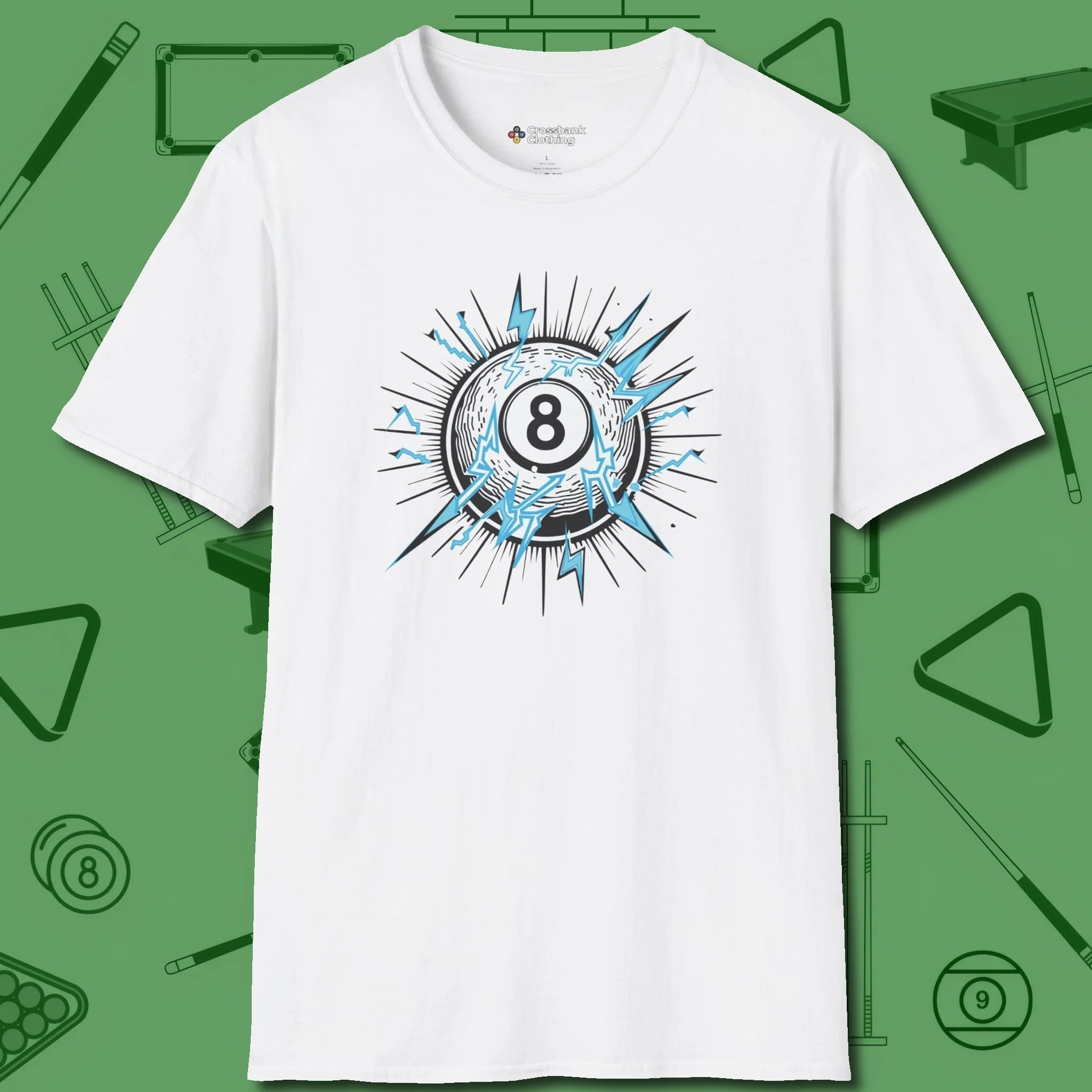 Electric Charge Eight Ball T-Shirt, front view, in White because you don’t just play — you represent