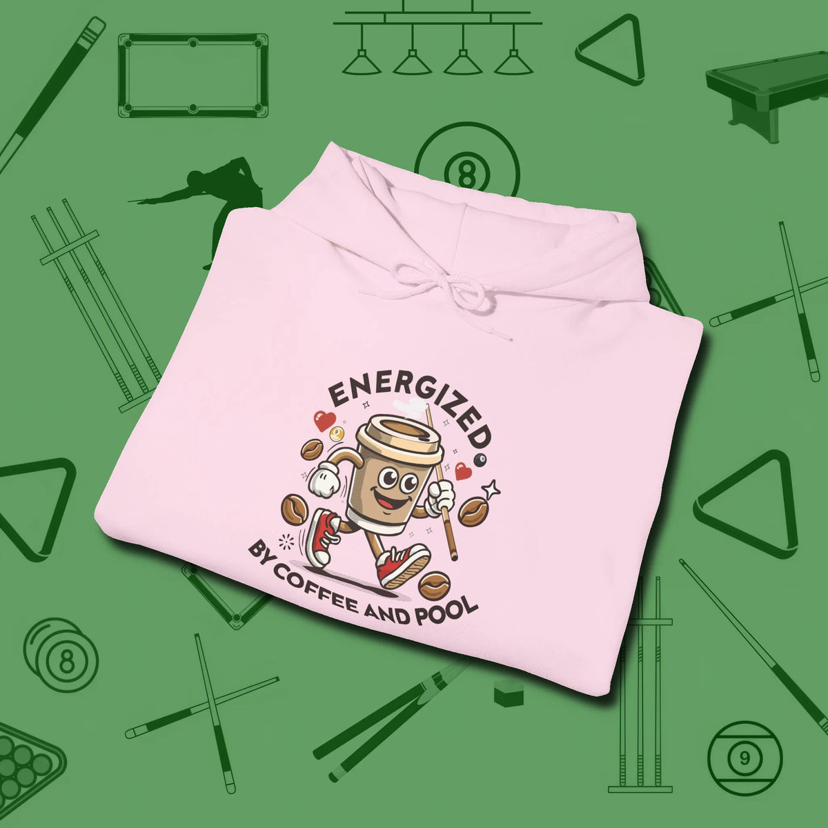 Energized By Coffee And Hoodie, folded view, in Light Pink designed for dead stroke and deadpan looks