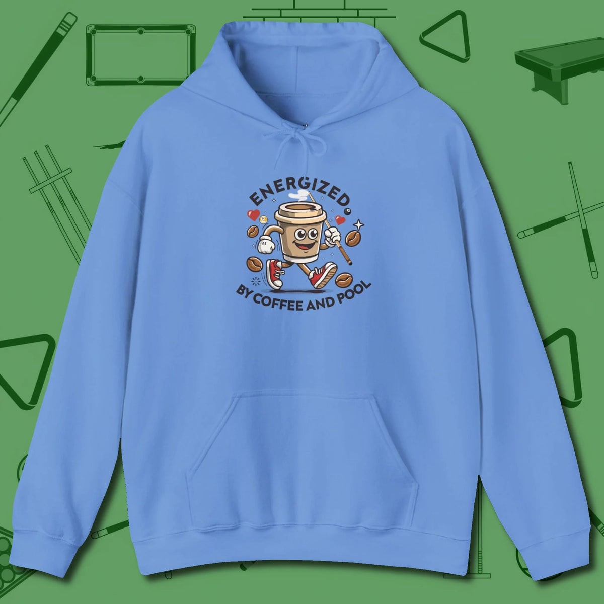 Energized By Coffee And Hoodie, front view, in Carolina Blue what the real shooters wear