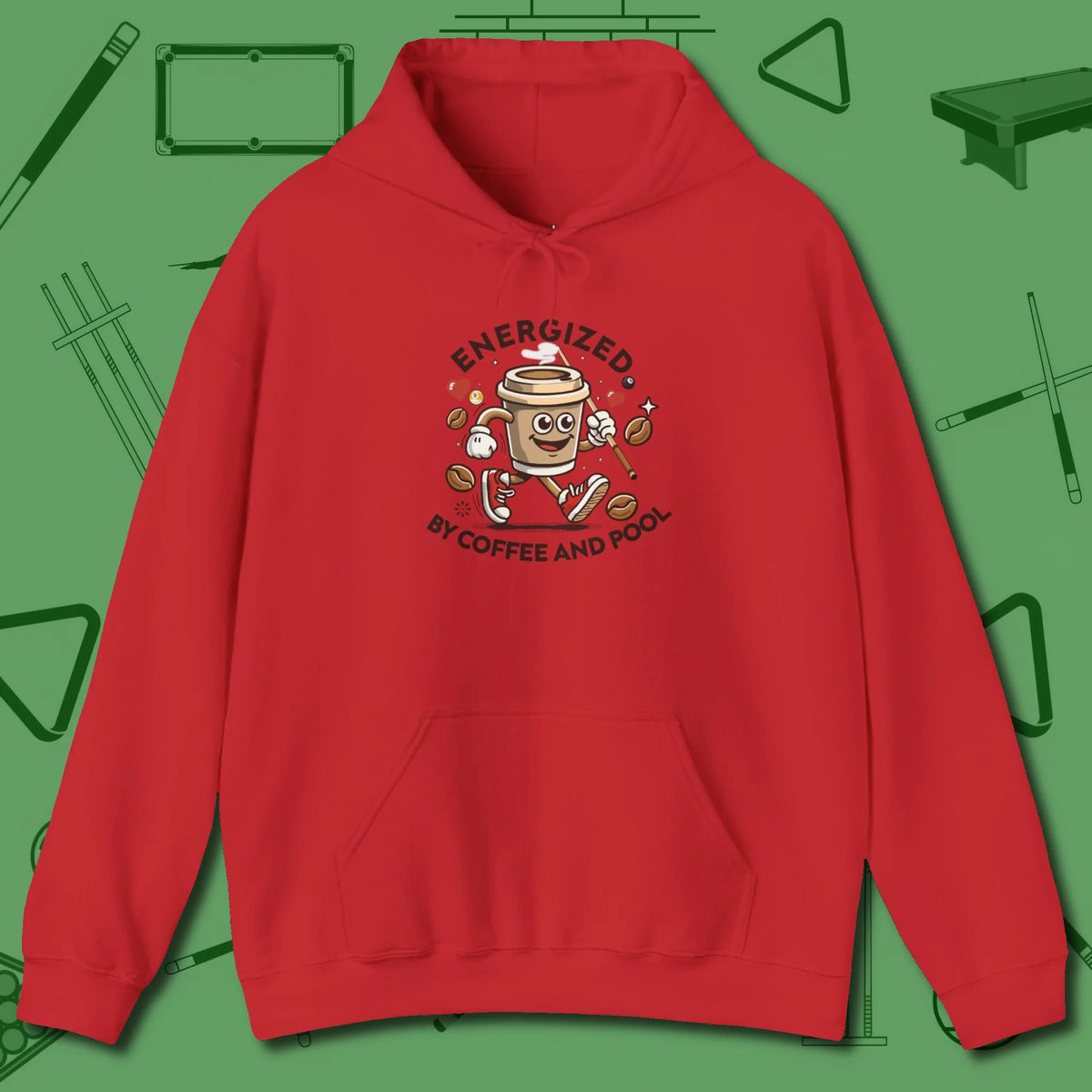 Energized By Coffee And Hoodie, front view, in Red your go-to shirt for league night victories