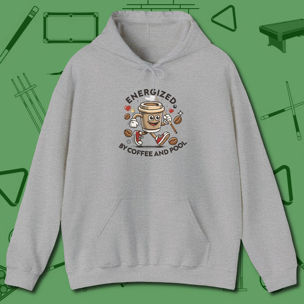 Energized By Coffee And Hoodie, front view, in Sport Grey not your average 8-ball graphic tee