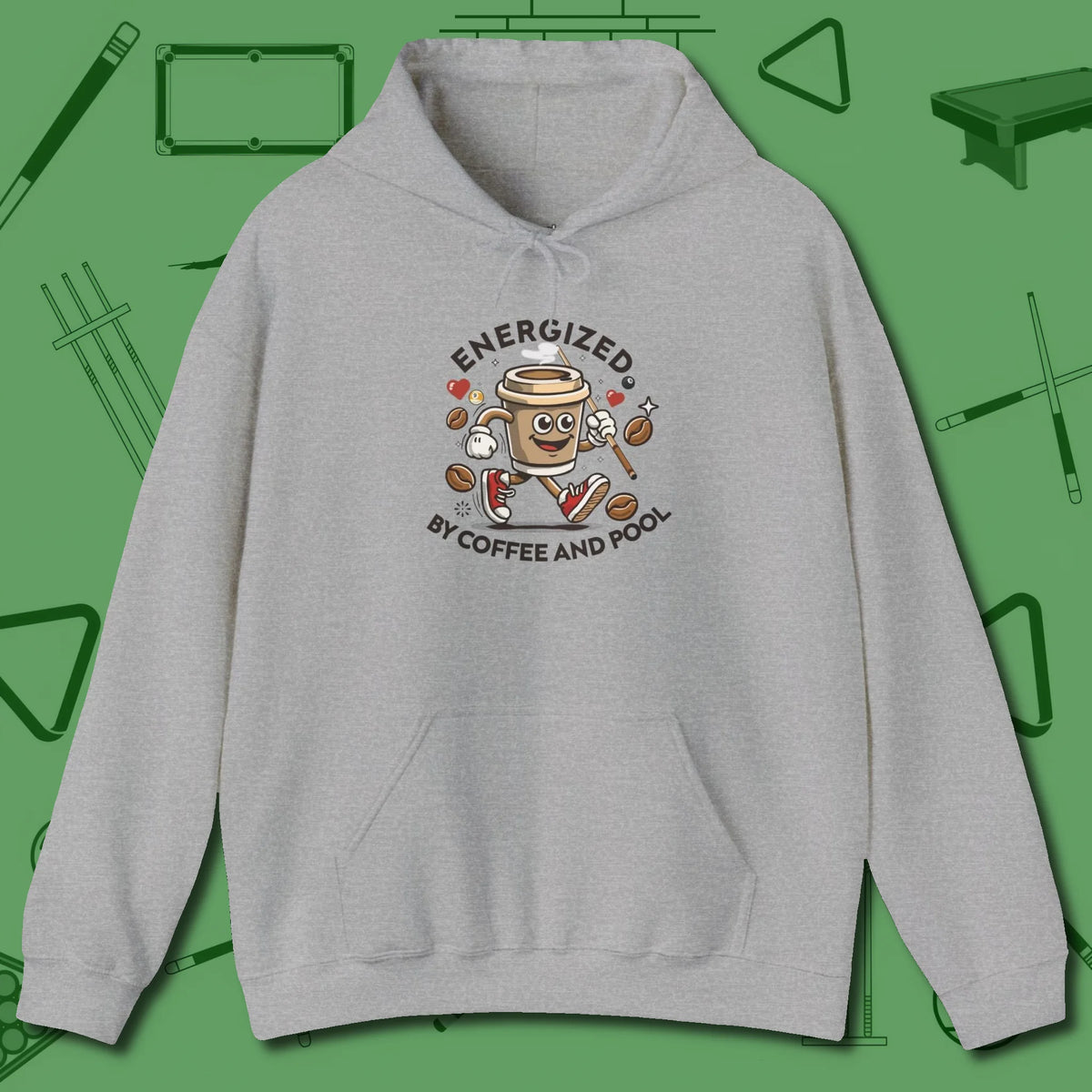 Energized By Coffee And Hoodie, front view, in Sport Grey not your average 8-ball graphic tee