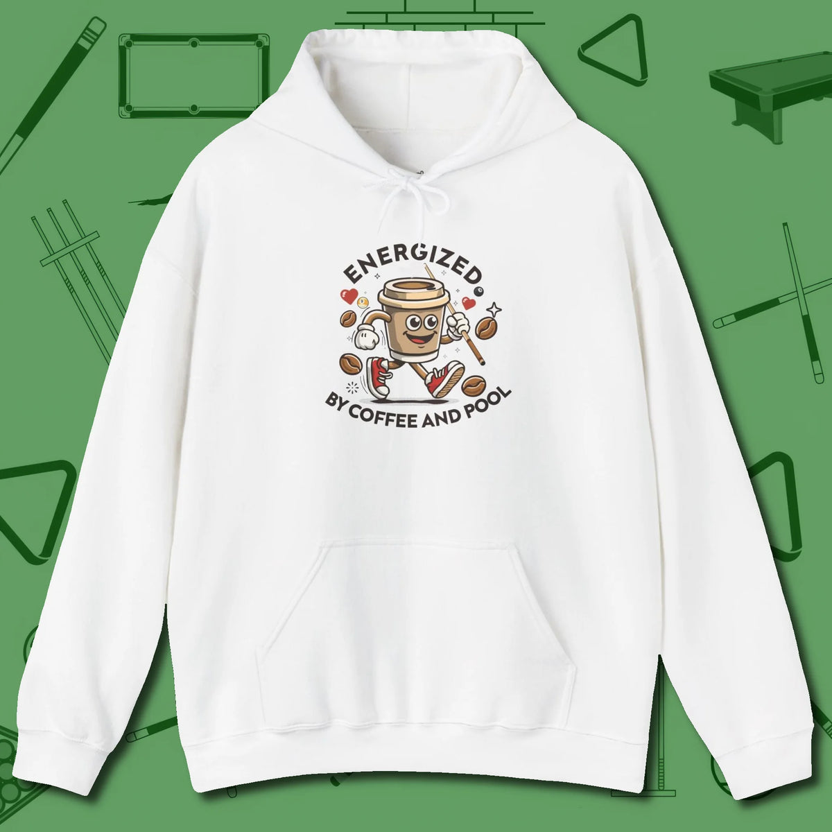 Energized By Coffee And Hoodie, front view, in White designed for dead stroke and deadpan looks