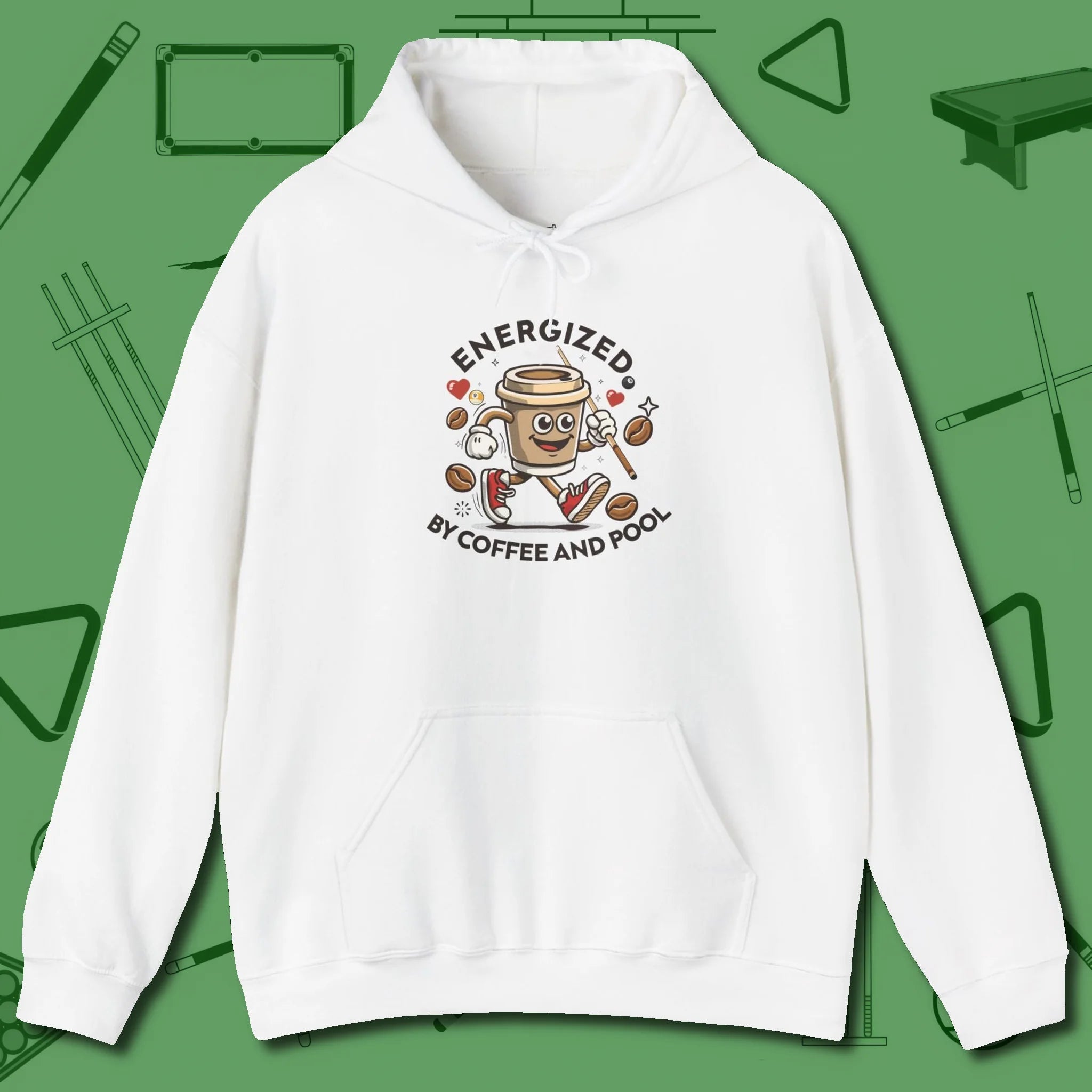 Energized By Coffee And Hoodie, front view, in White designed for dead stroke and deadpan looks