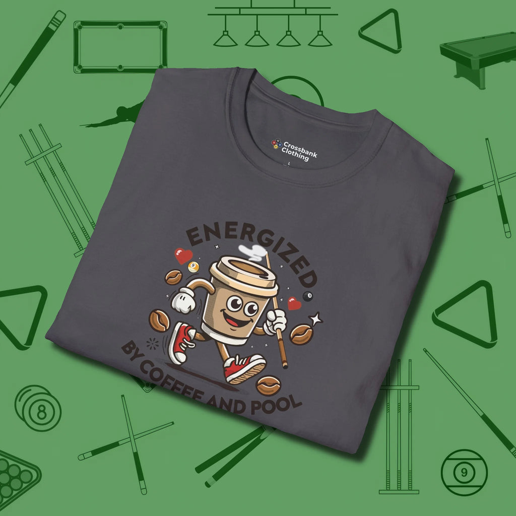Energized By Coffee And T-Shirt, folded view, in Charcoal styled to dominate from rack to run-out