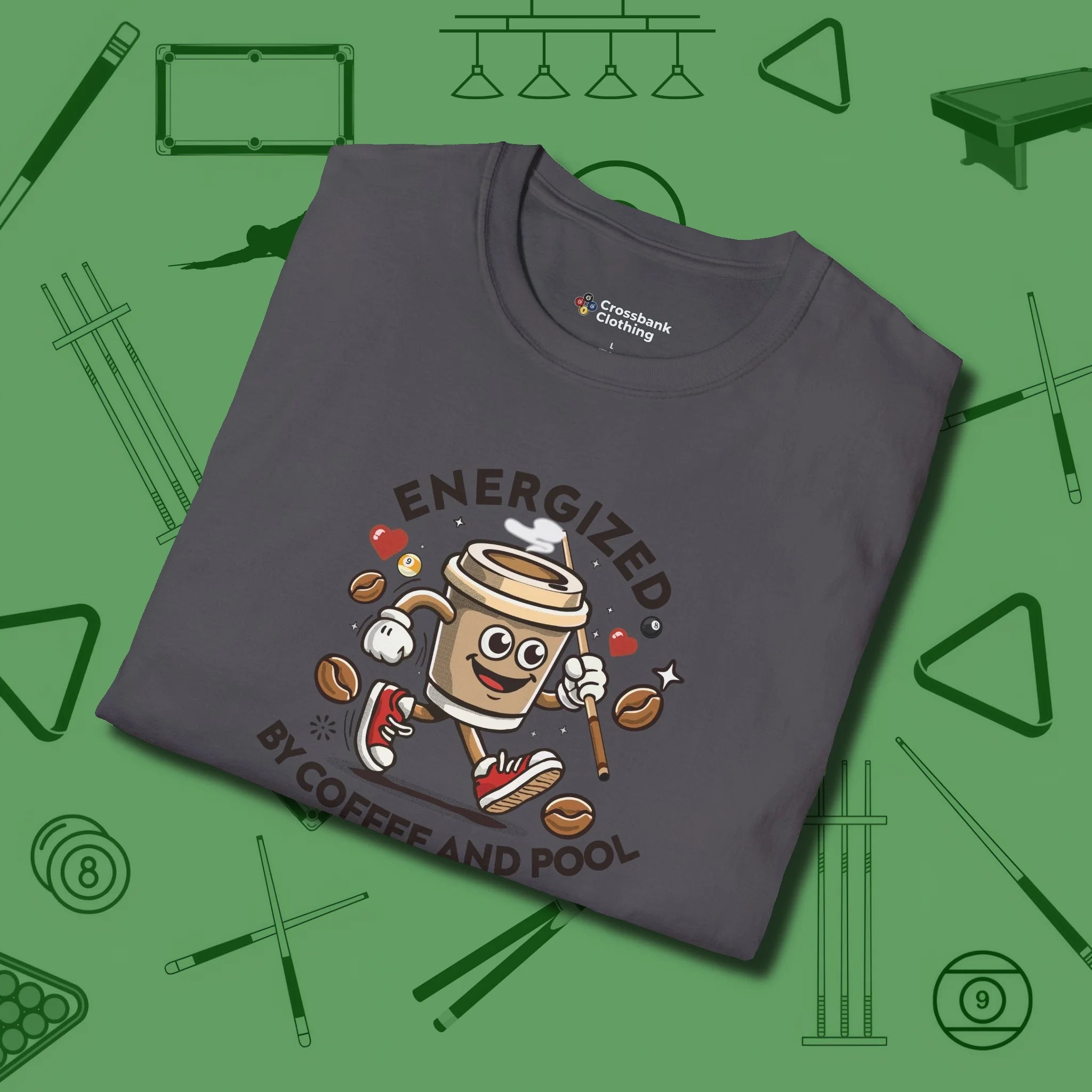 Energized By Coffee And T-Shirt, folded view, in Charcoal styled to dominate from rack to run-out