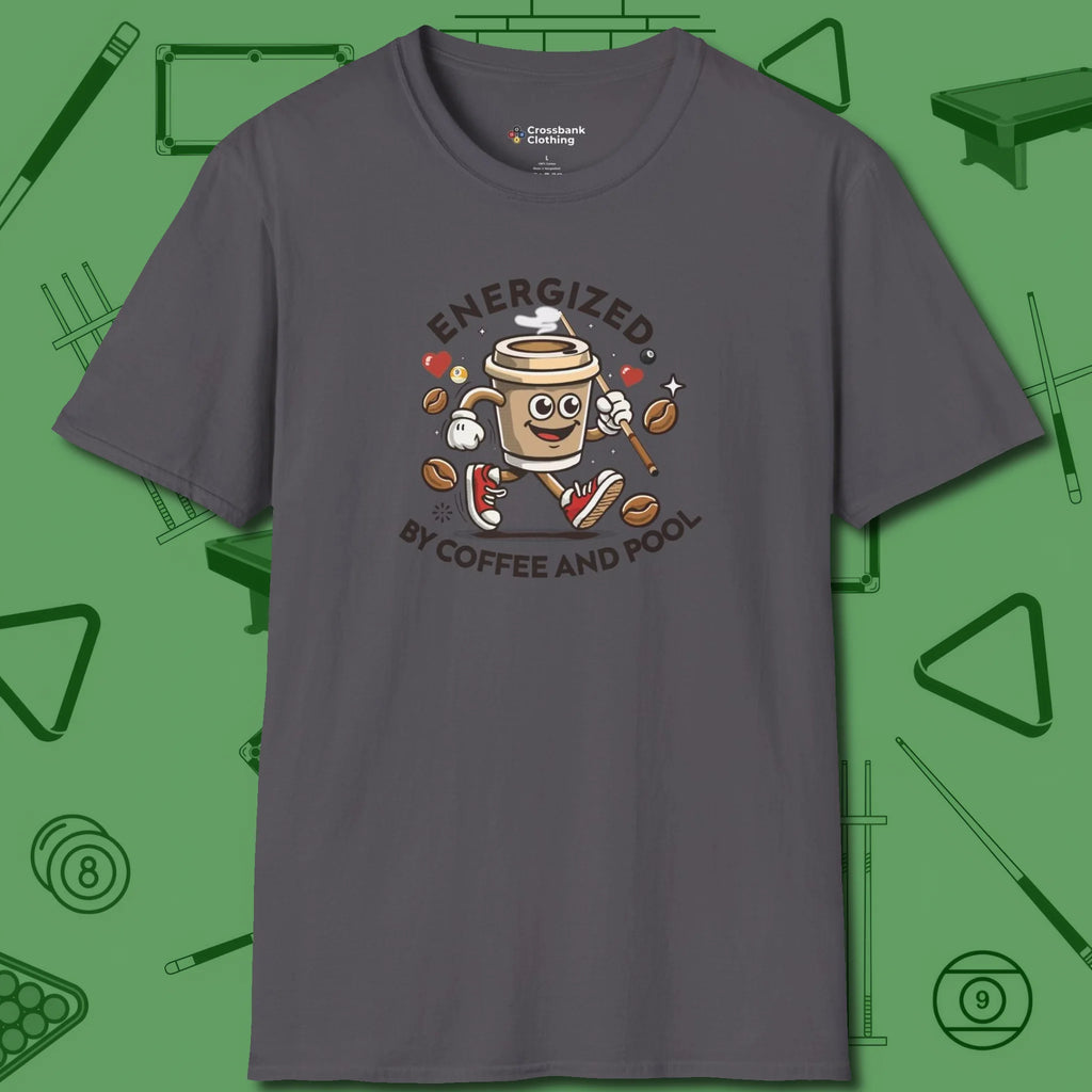 Energized By Coffee And T-Shirt, front view, in Charcoal fashion with break-and-run energy