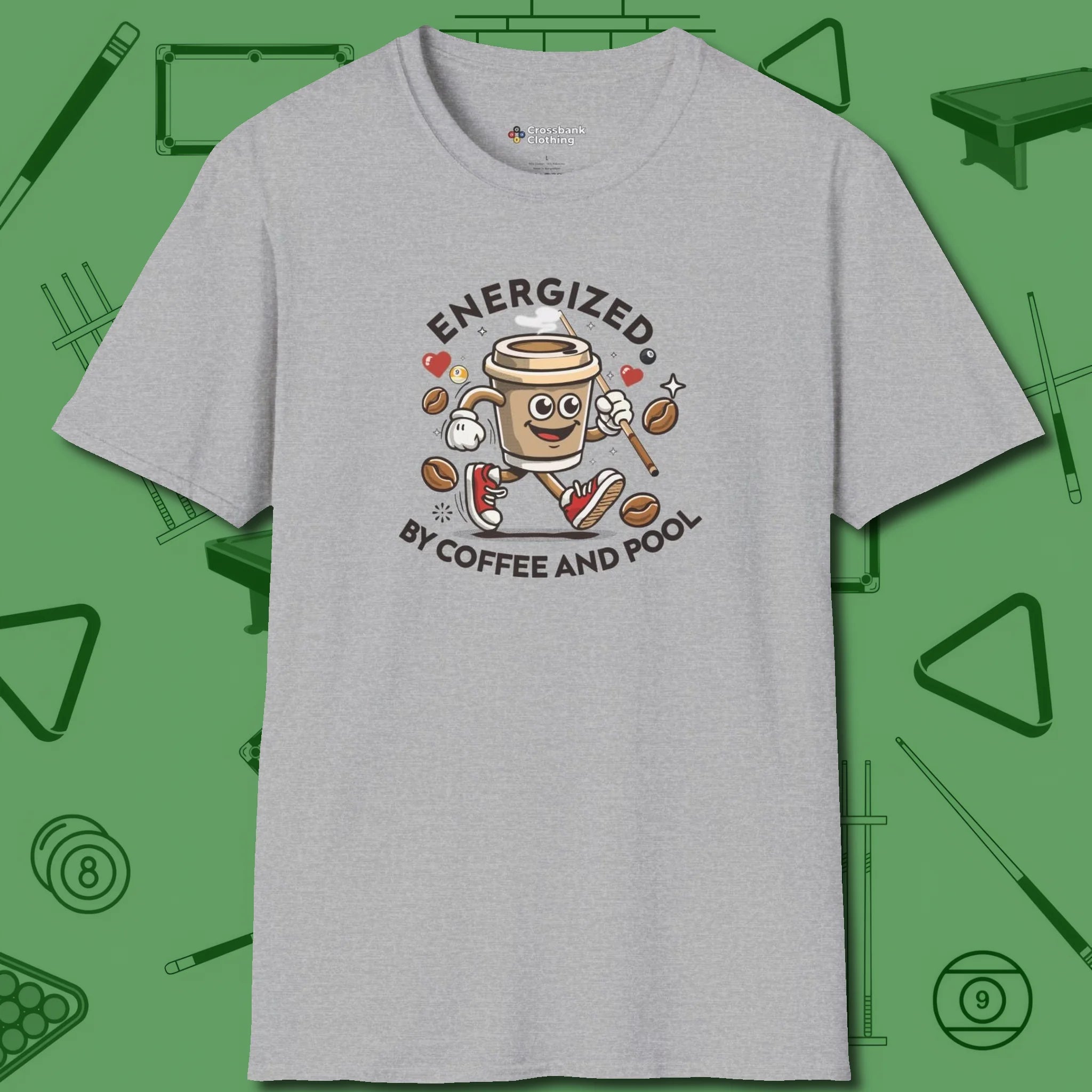 Energized By Coffee And T-Shirt, front view, in Sport Grey precise, confident, always in control
