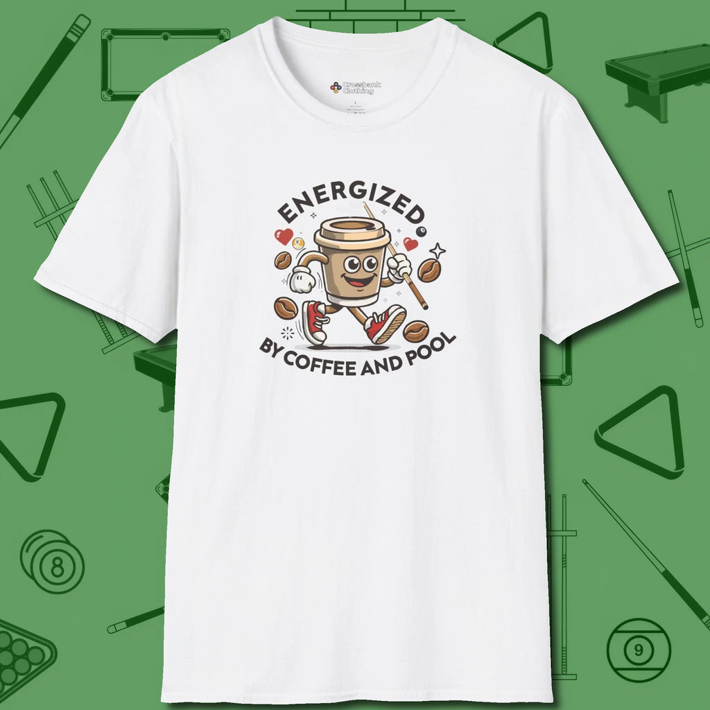 Energized By Coffee And T-Shirt, front view, in White like your stroke — smooth and deliberate