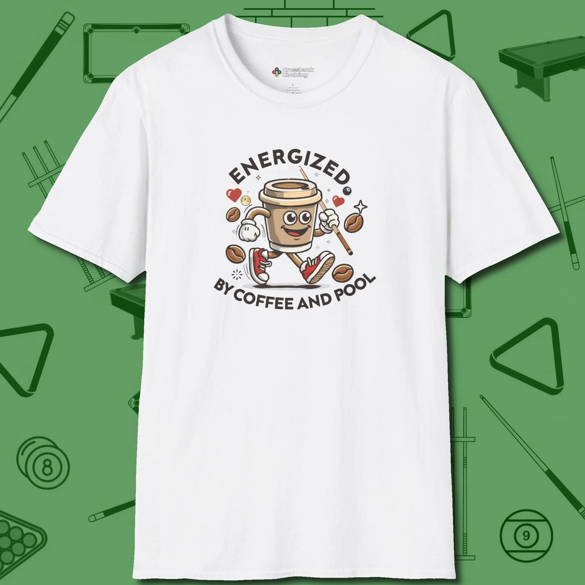 Energized By Coffee And T-Shirt, front view, in White like your stroke — smooth and deliberate