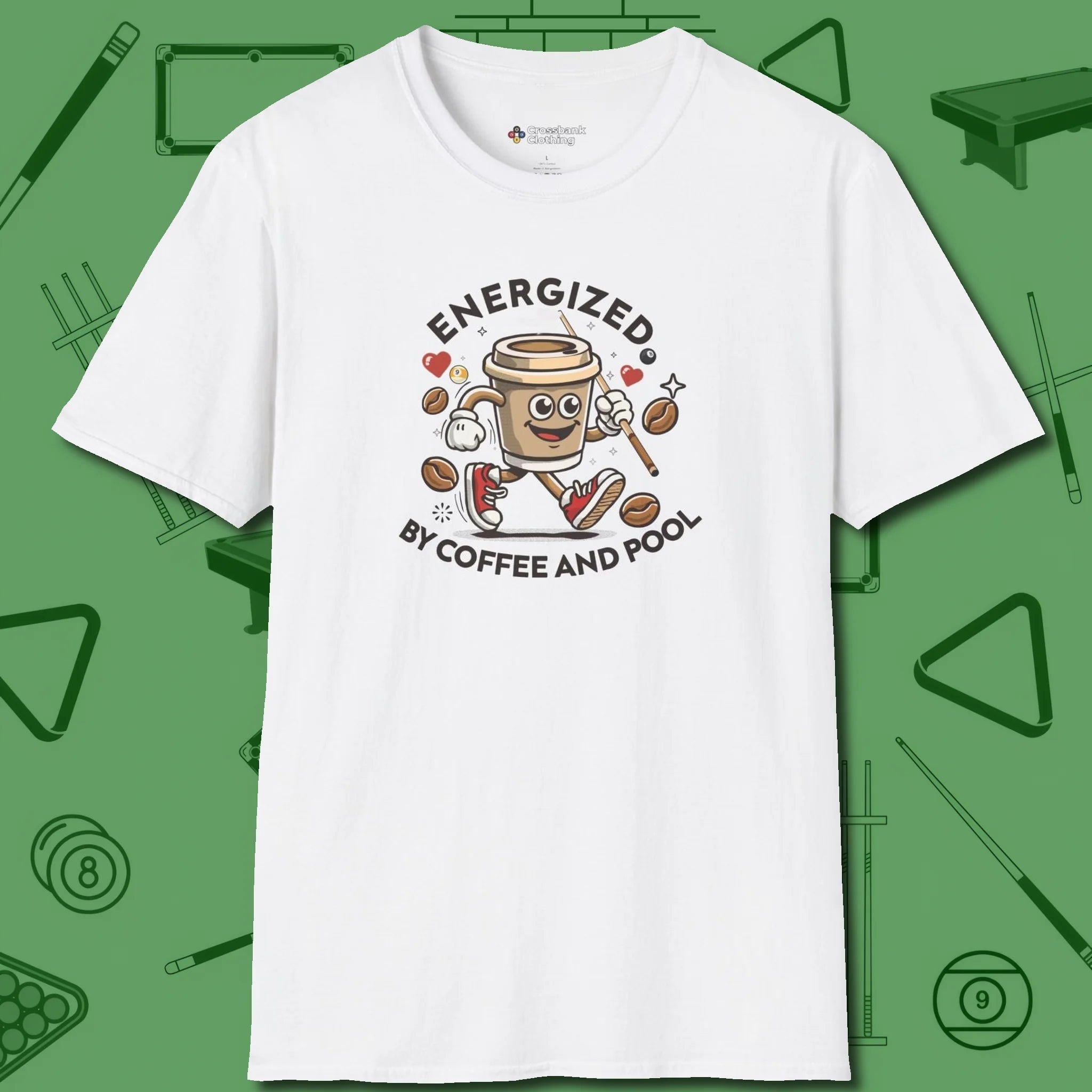 Energized By Coffee And T-Shirt, front view, in White like your stroke — smooth and deliberate