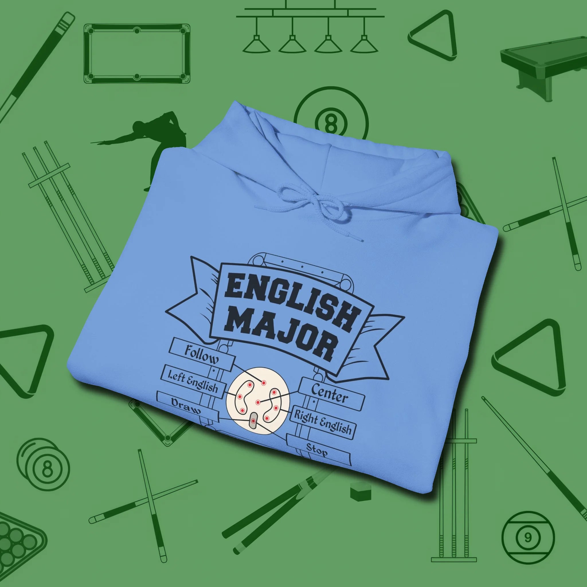 English Major Hoodie, folded view, in Carolina Blue earns respect before the first shot