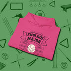 English Major Hoodie, folded view, in Heliconia built for bold breaks and quiet confidence