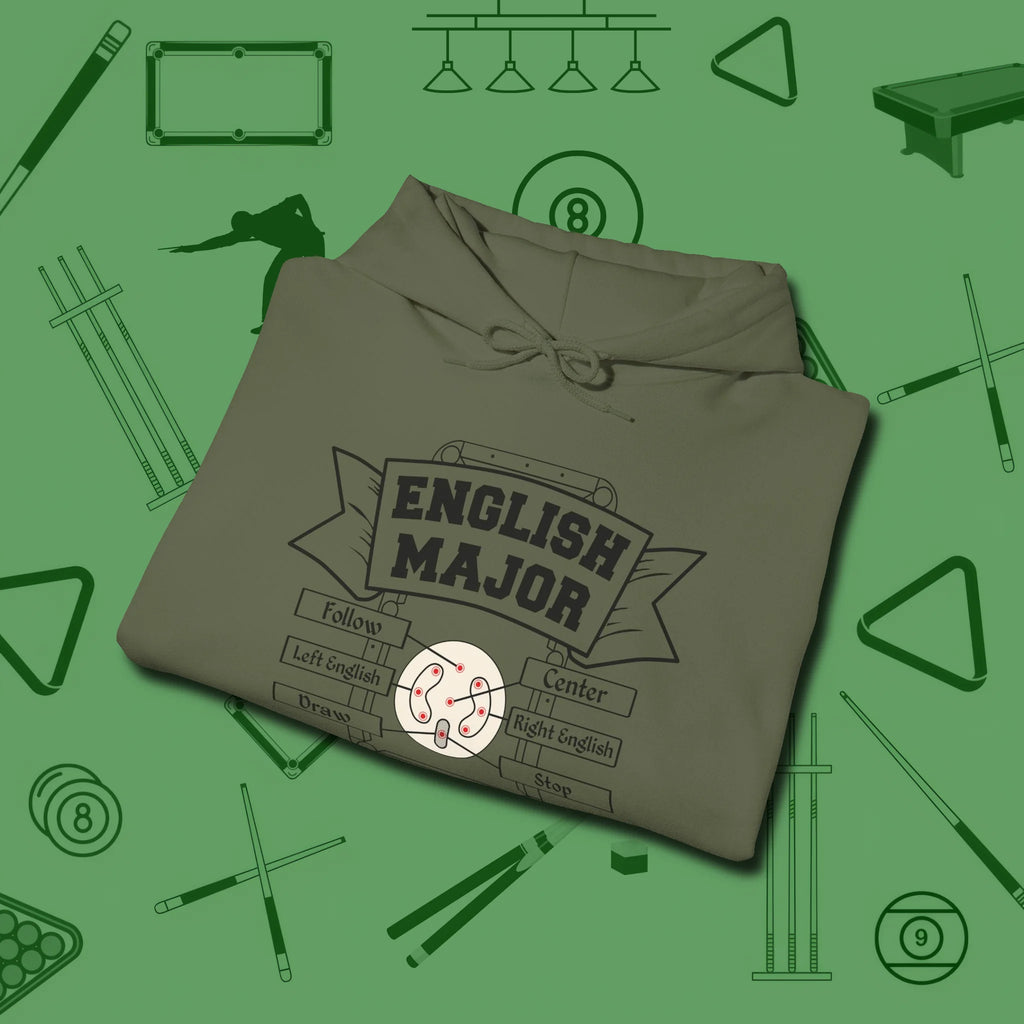 English Major Hoodie, folded view, in Military Green perfect for players with quiet fire