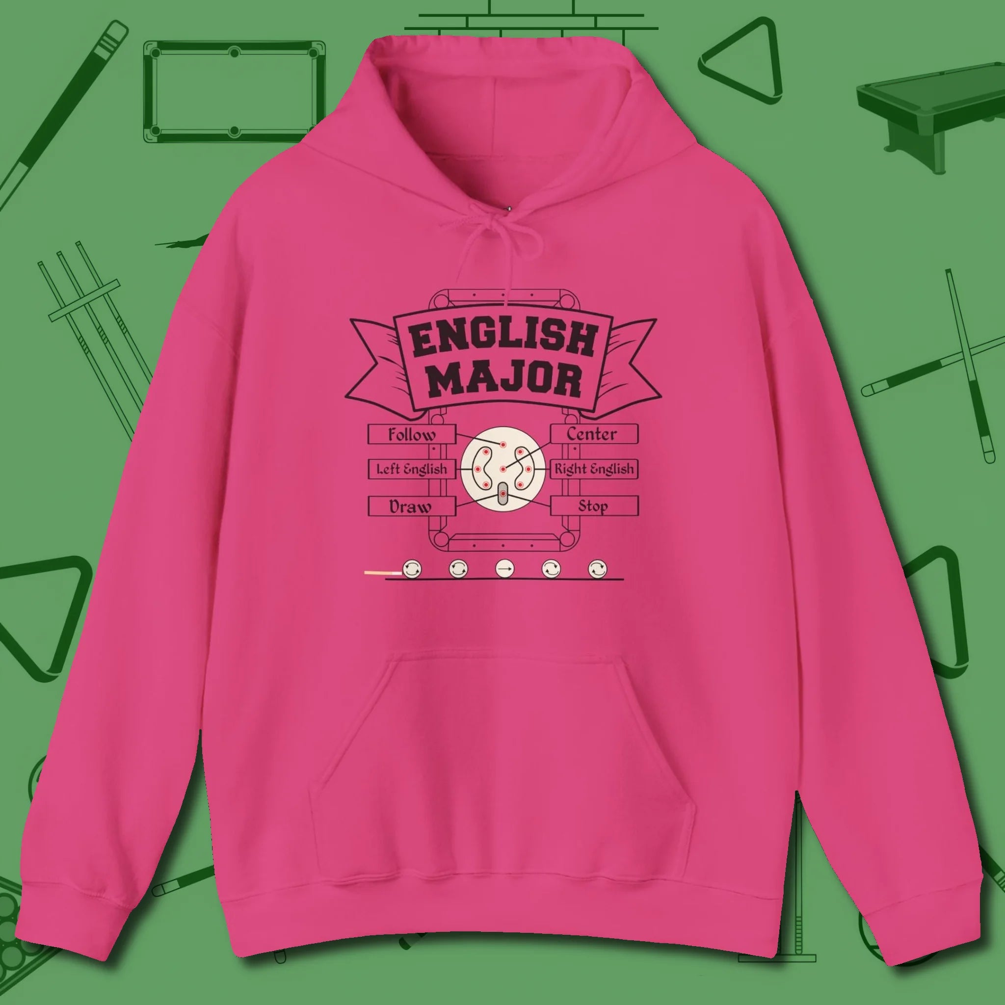 English Major Hoodie, front view, in Heliconia helps your stroke and your style