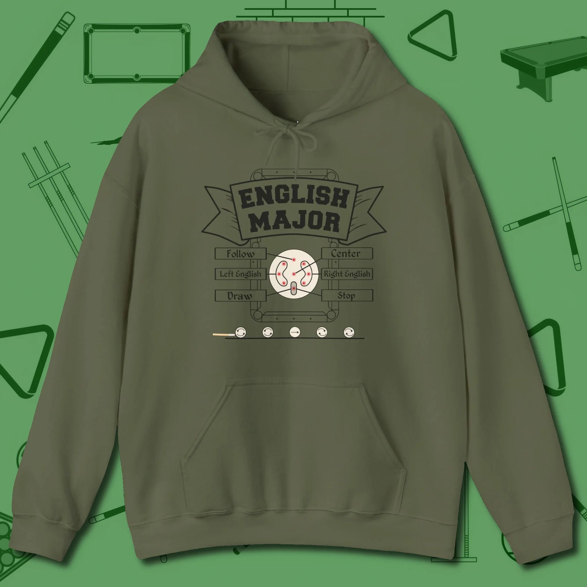 English Major Hoodie, front view, in Military Green cool under pressure, hot on the eyes