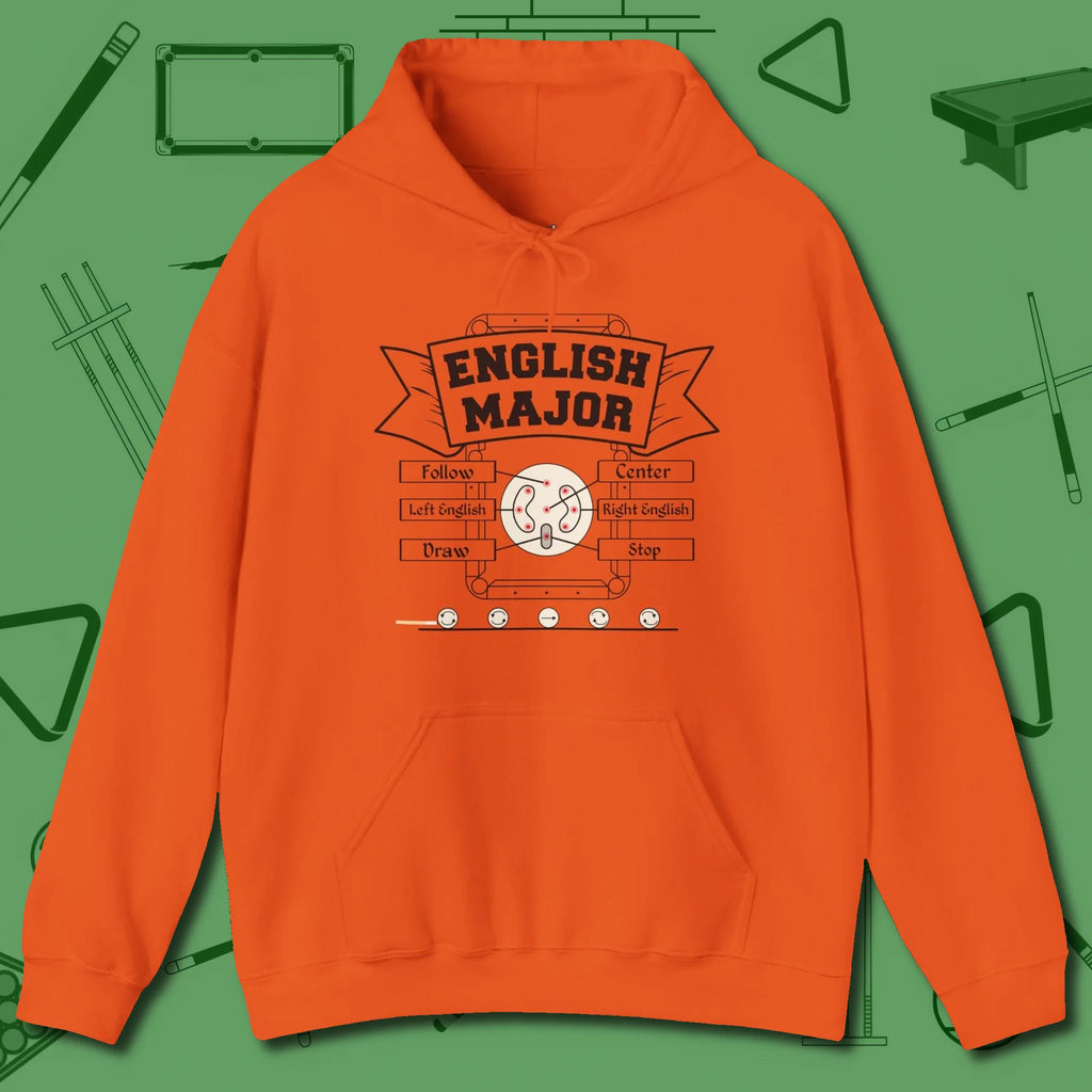 English Major Hoodie, front view, in Orange where cue control meets personal style