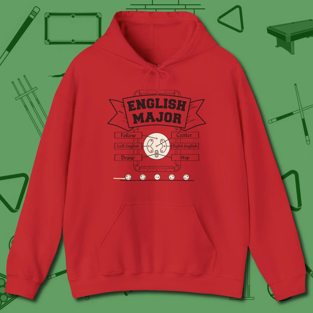 English Major Hoodie, front view, in Red your secret weapon off the table