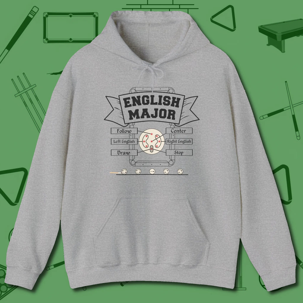 English Major Hoodie, front view, in Sport Grey stitched for cue discipline and cool confidence