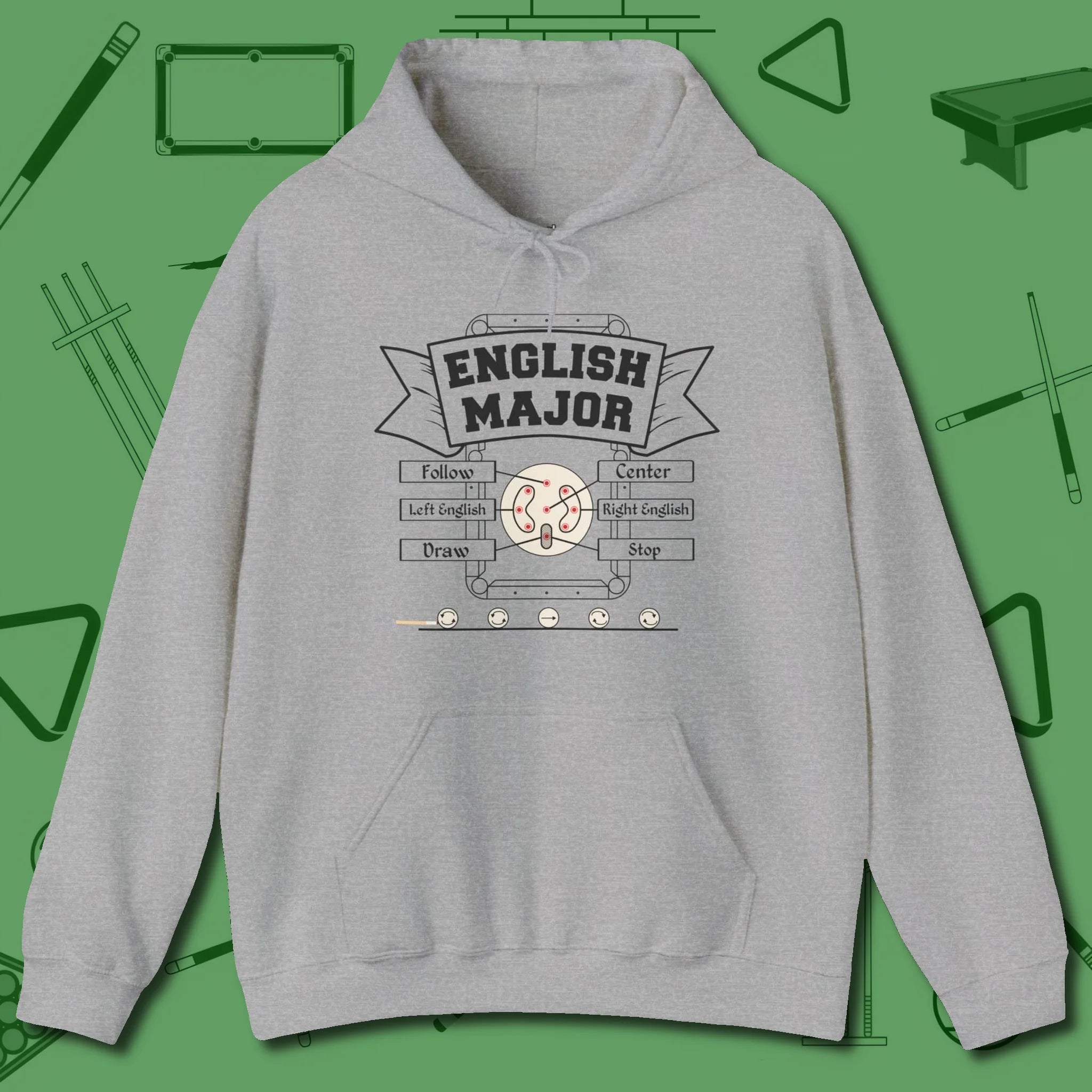 English Major Hoodie, front view, in Sport Grey stitched for cue discipline and cool confidence