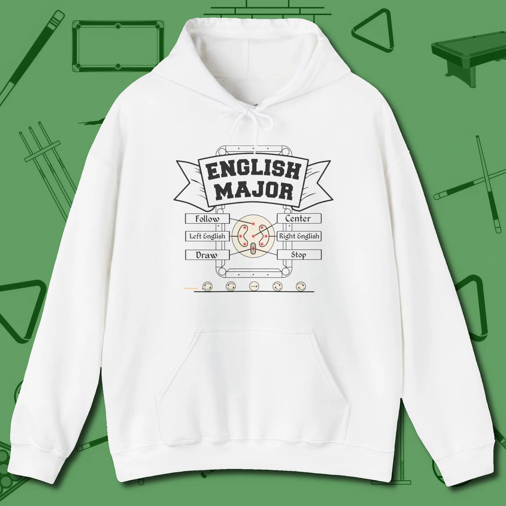 English Major Hoodie, front view, in White made for pool sharks, not posers