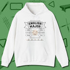 English Major Hoodie, front view, in White made for pool sharks, not posers