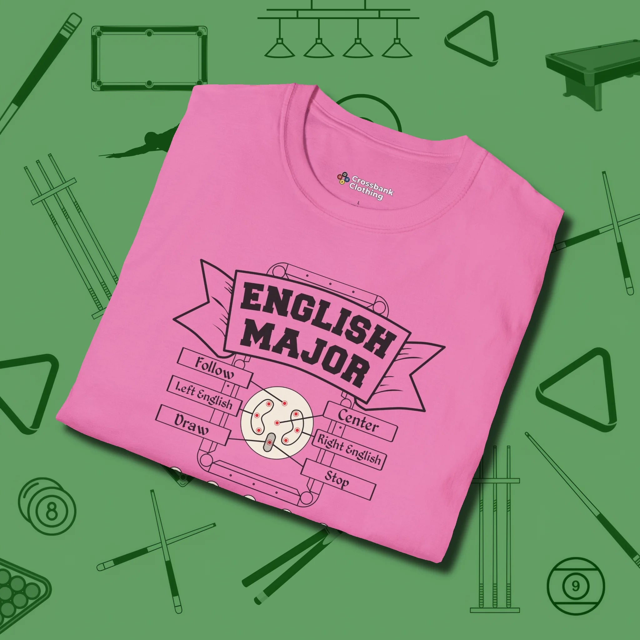 English Major T-Shirt, folded view, in Azalea designed for dead stroke and deadpan looks
