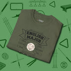 English Major T-Shirt, folded view, in Military Green smart enough for the felt and the street