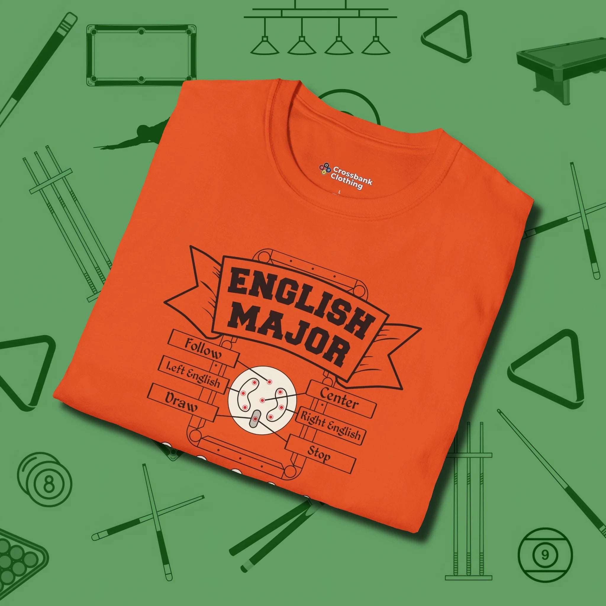 English Major T-Shirt, folded view, in Orange what champions wear between racks