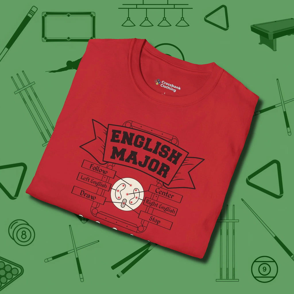 English Major T-Shirt, folded view, in Red classic cue style, no gimmicks