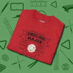 English Major T-Shirt, folded view, in Red classic cue style, no gimmicks
