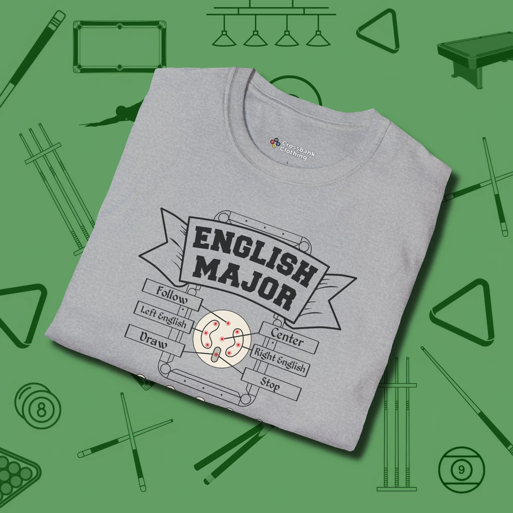 English Major T-Shirt, folded view, in Sport Grey classic cue style, no gimmicks