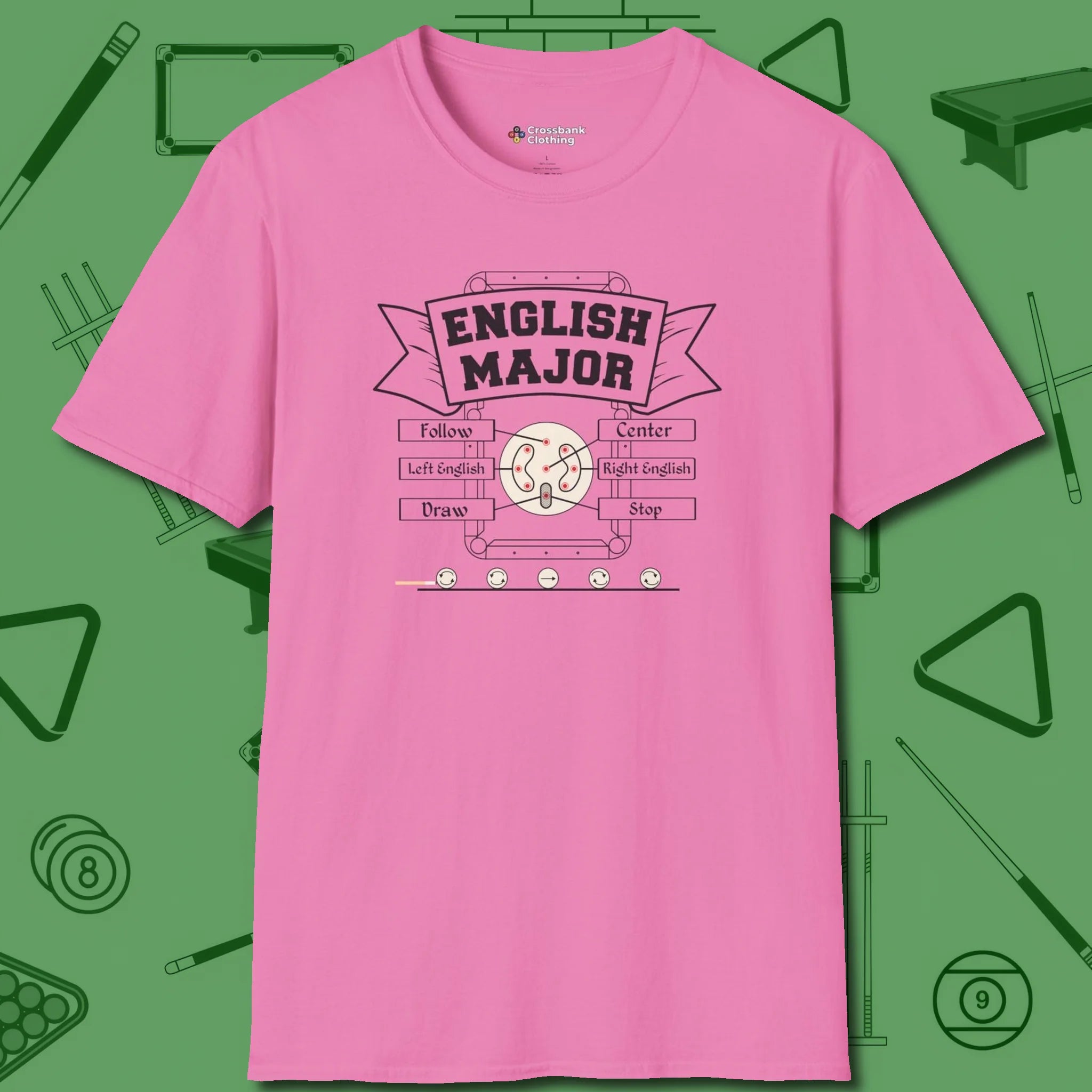 English Major T-Shirt, front view, in Azalea not your average 8-ball graphic tee