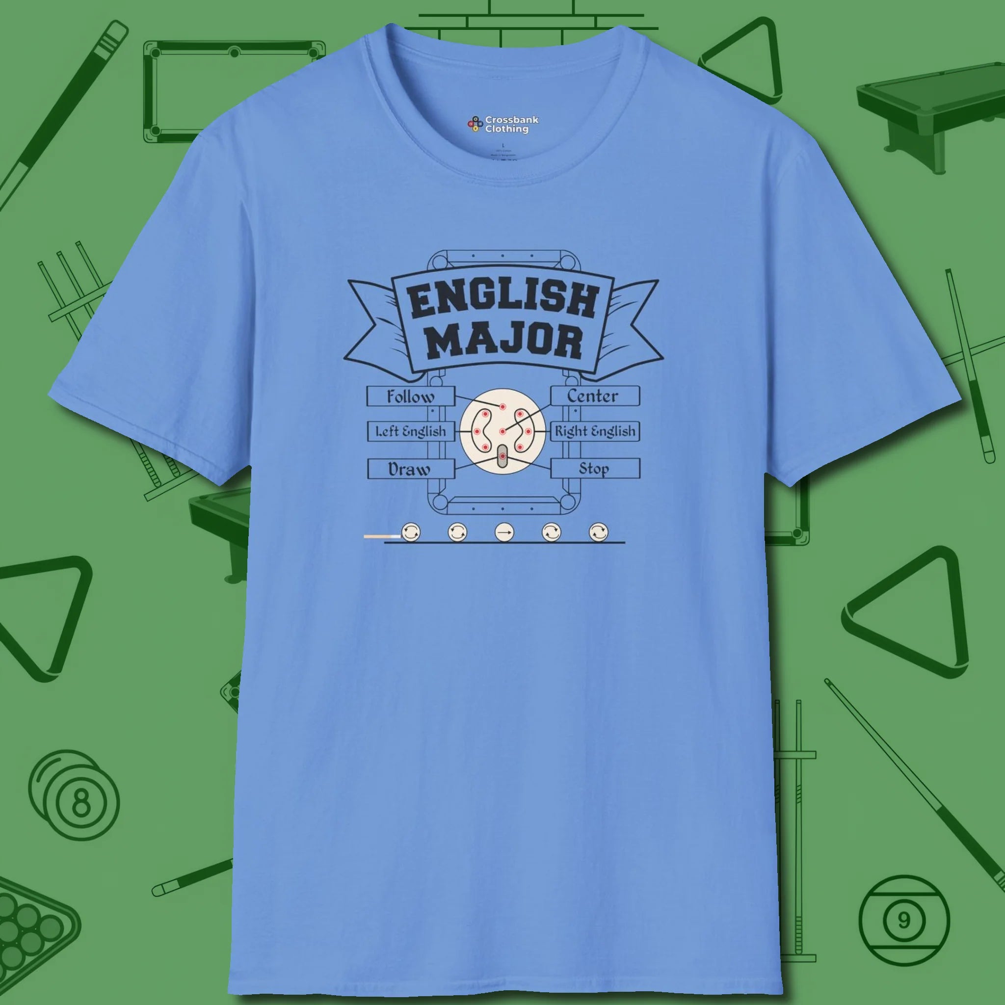 English Major T-Shirt, front view, in Carolina Blue earns respect before the first shot