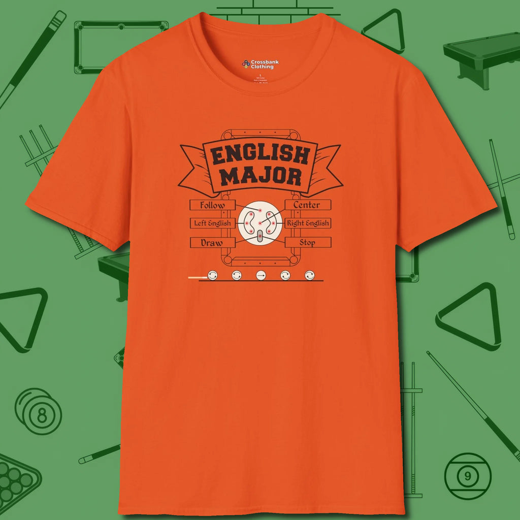 English Major T-Shirt, front view, in Orange stitched for cue discipline and cool confidence