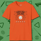 English Major T-Shirt, front view, in Orange stitched for cue discipline and cool confidence