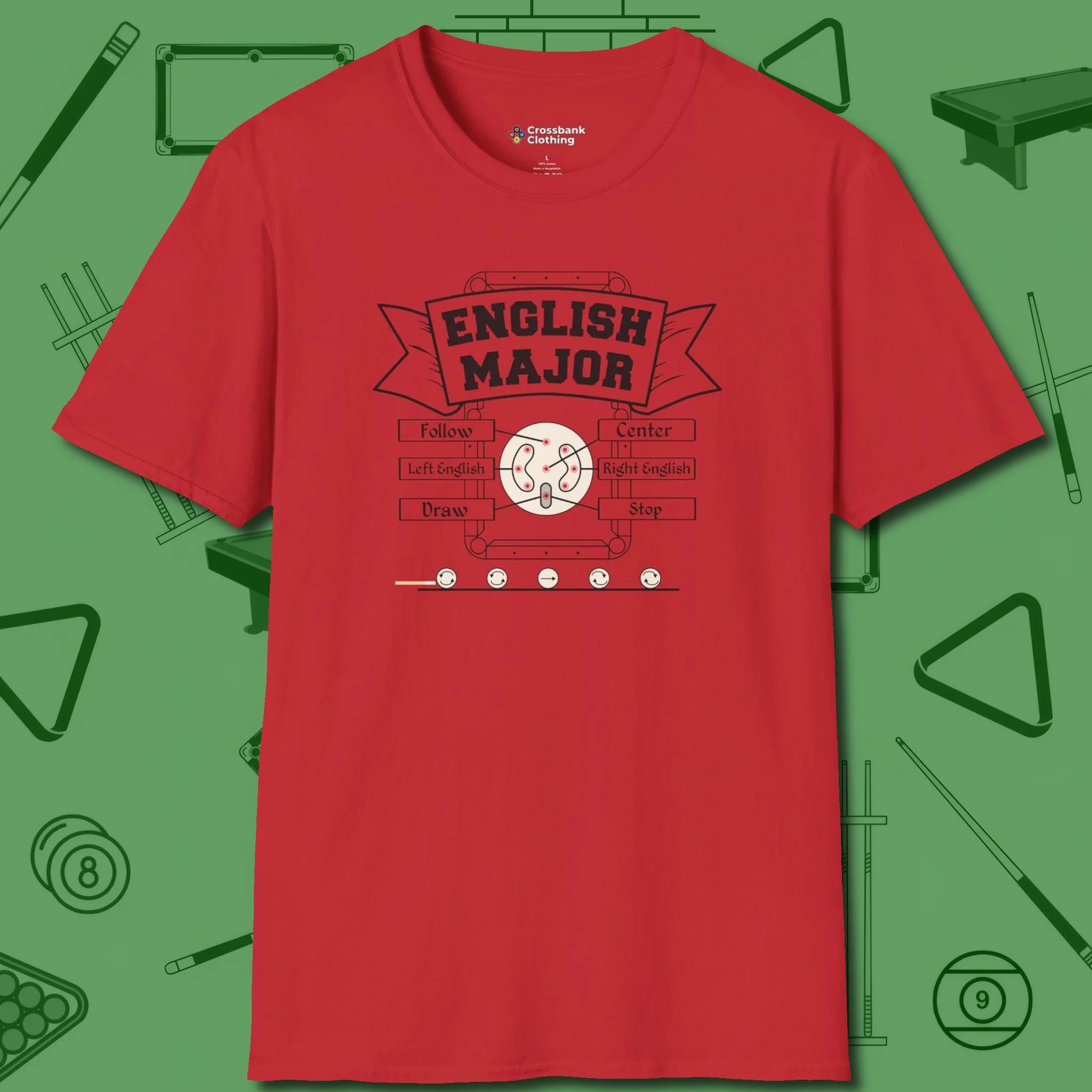 English Major T-Shirt, front view, in Red styled to dominate from rack to run-out