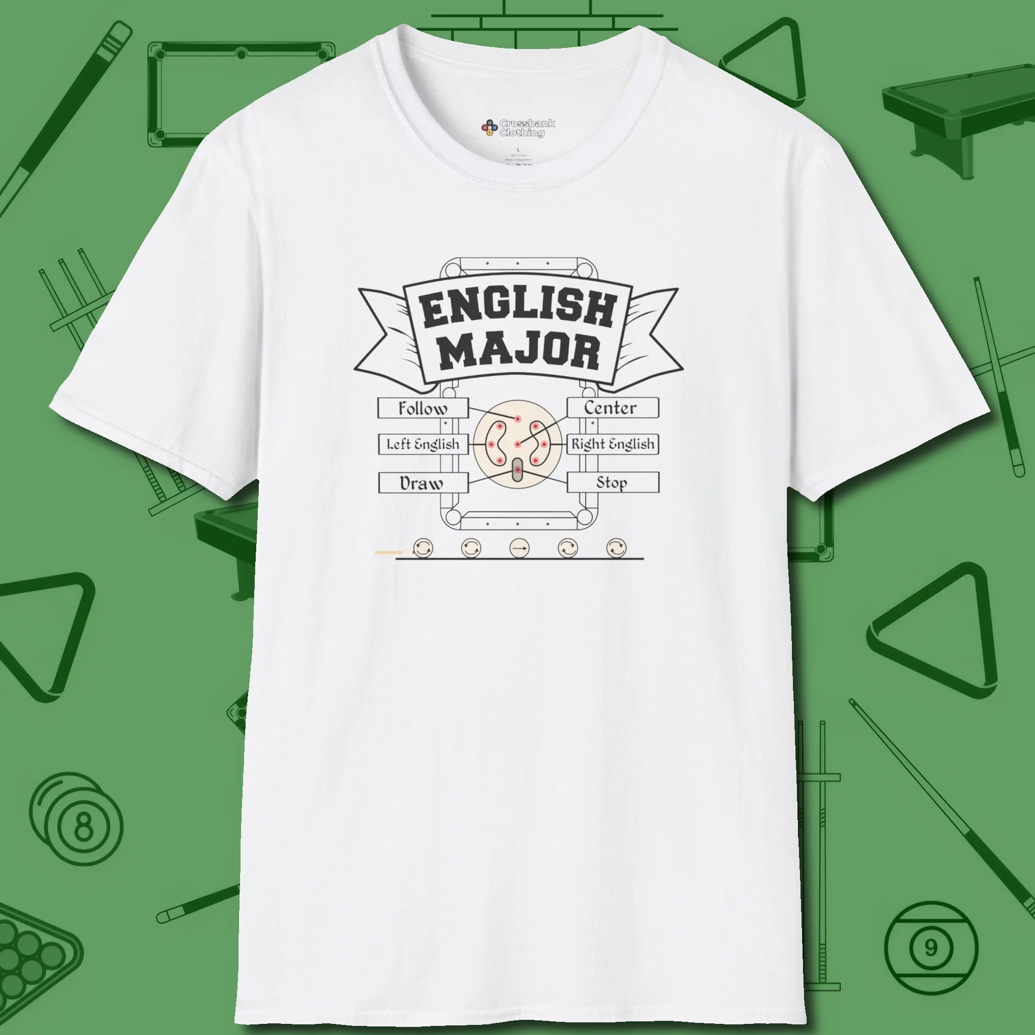 English Major T-Shirt, front view, in White fashion with break-and-run energy