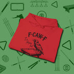 F-CAW-F Crow Hoodie, folded view, in Red what champions wear between racks
