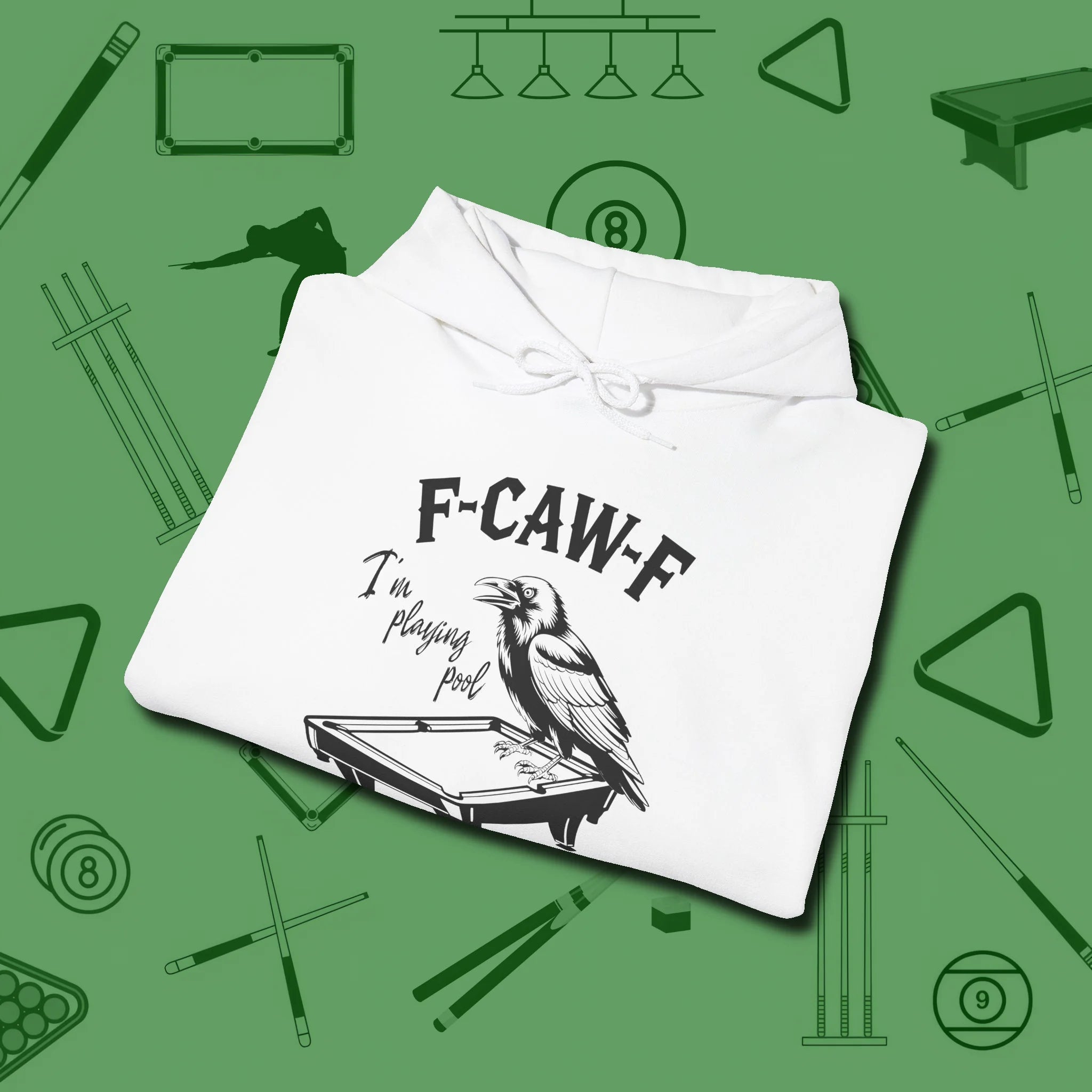 F-CAW-F Crow Hoodie, folded view, in White because pool isn’t just a game — it’s who you are