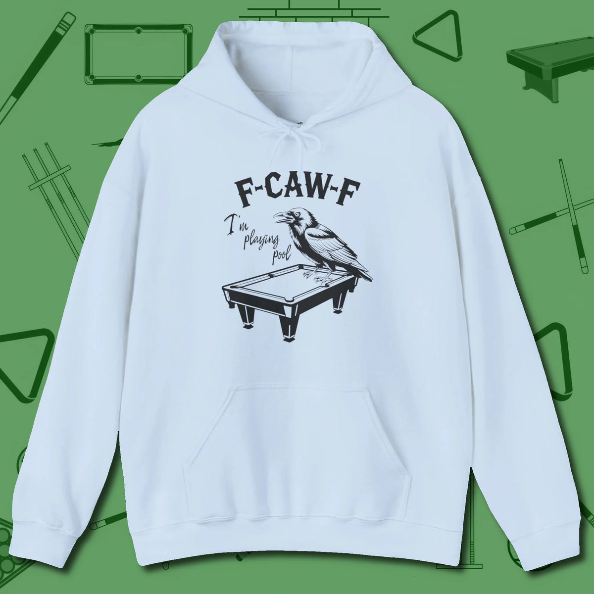 F-CAW-F Crow Hoodie, front view, in Light Blue an extension of your pool persona