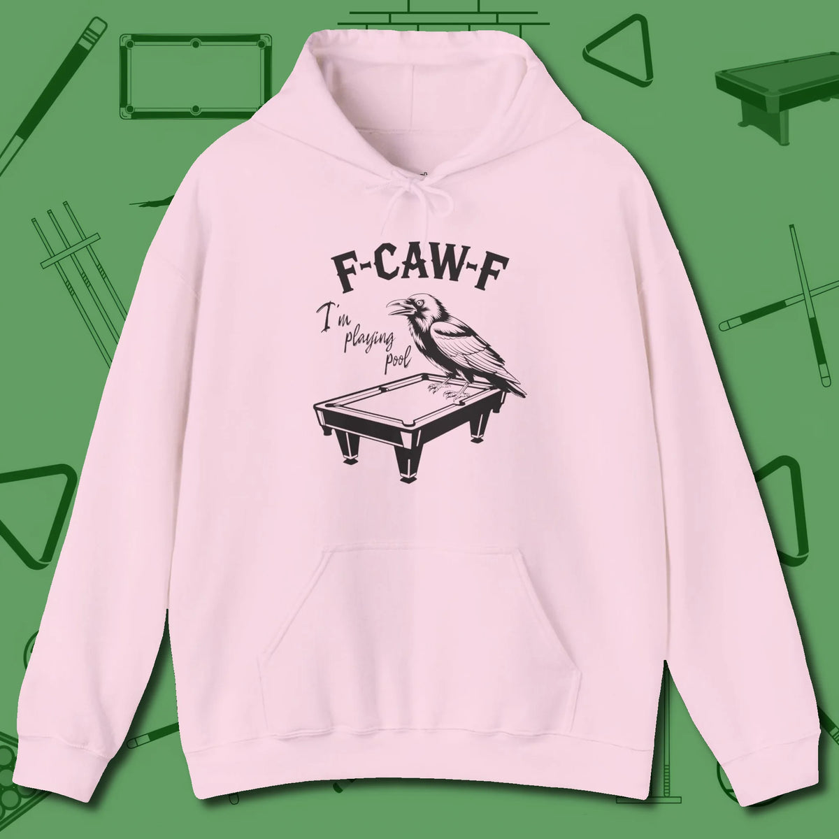 F-CAW-F Crow Hoodie, front view, in Light Pink precise, confident, always in control