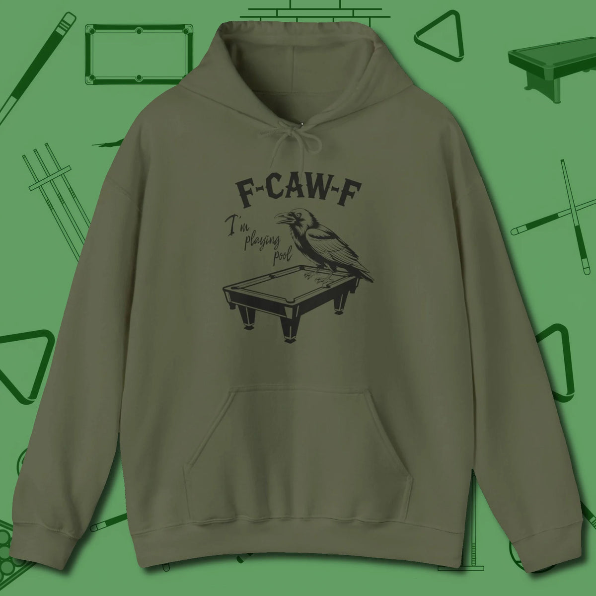 F-CAW-F Crow Hoodie, front view, in Military Green smart apparel for strategic players