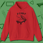 F-CAW-F Crow Hoodie, front view, in Red because the table is your battlefield