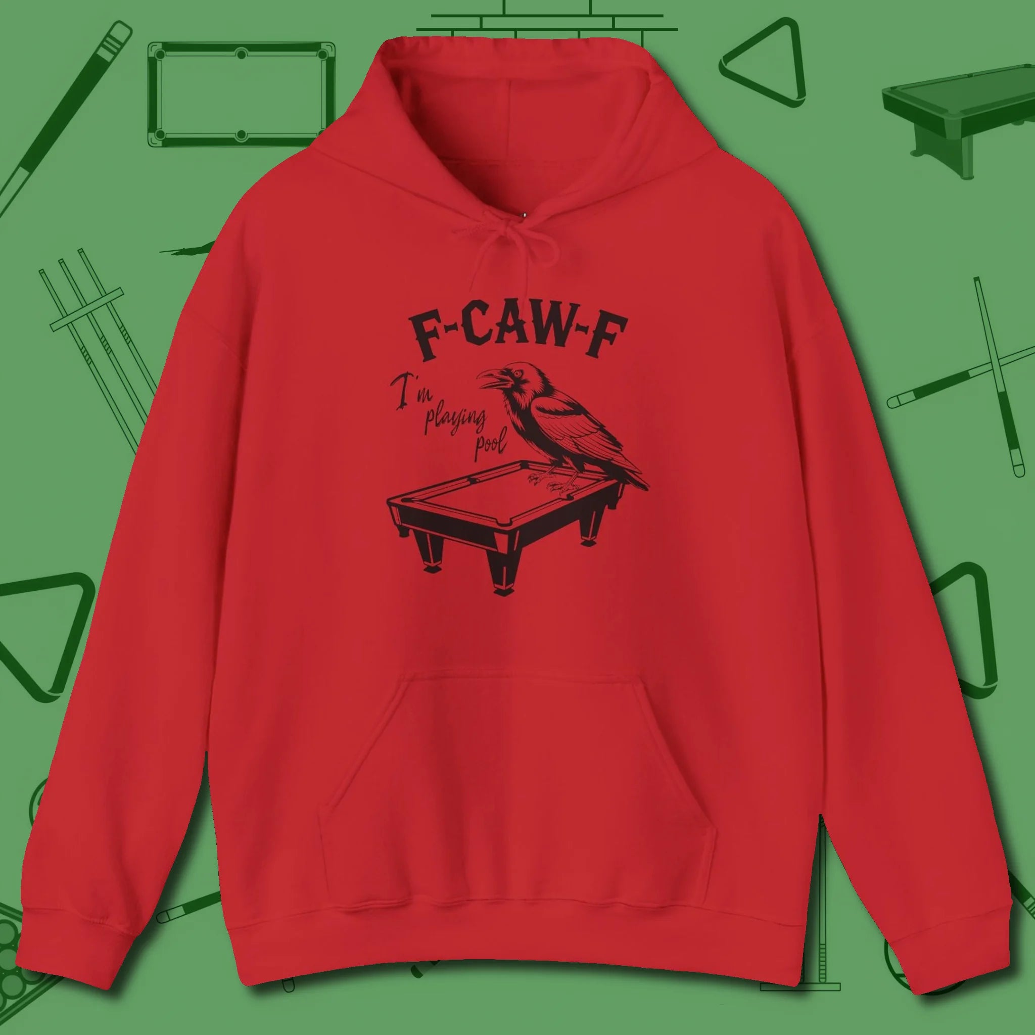 F-CAW-F Crow Hoodie, front view, in Red because the table is your battlefield