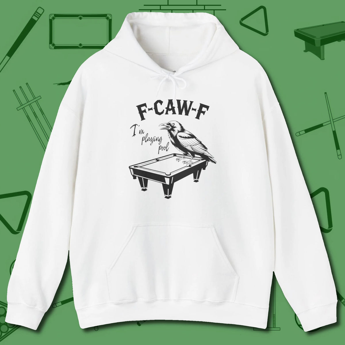 F-CAW-F Crow Hoodie, front view, in White classic cue style, no gimmicks