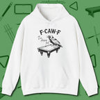 F-CAW-F Crow Hoodie, front view, in White classic cue style, no gimmicks